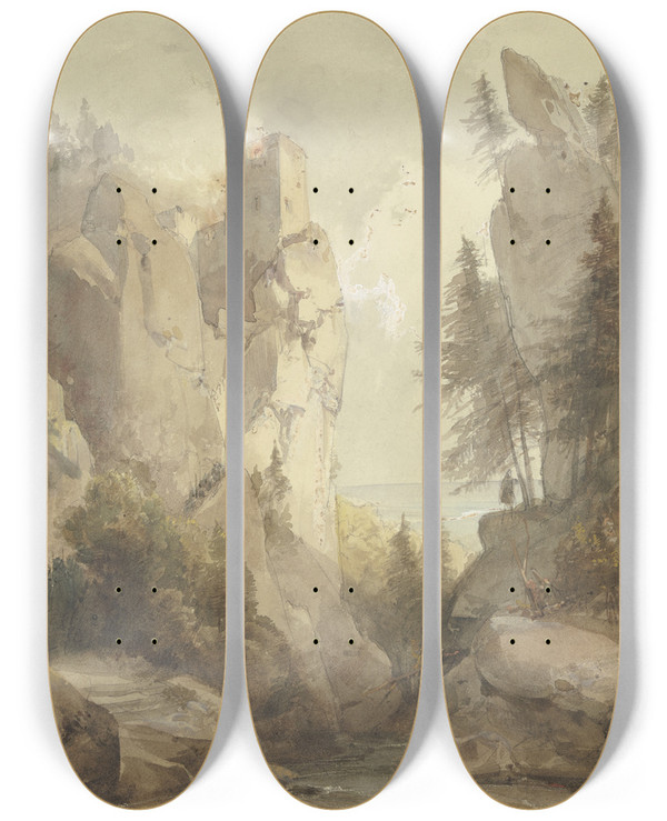 Triptych art skateboard deck of Caspar Scheuren Eine Brennende Burg Auf Einem Felsen by Caspar Scheuren (1810-1887)