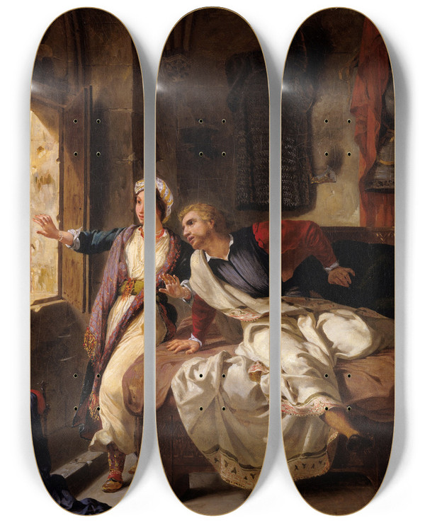 Triptych art skateboard deck of Eugne Delacroix Rebecca And The Wounded Ivanhoe by Eugene Delacroix (1798-1863)