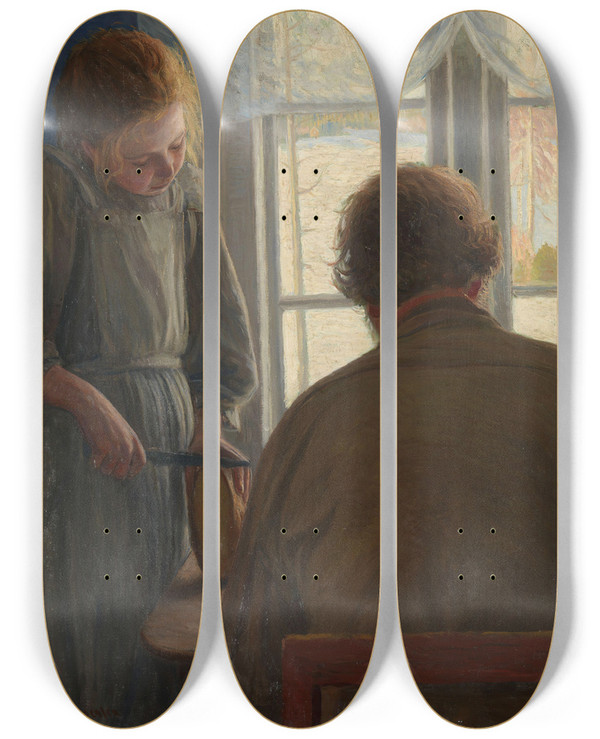 Triptych art skateboard deck of Sven Jrgensen The Meal by Sven Jorgensen (1861-1940)