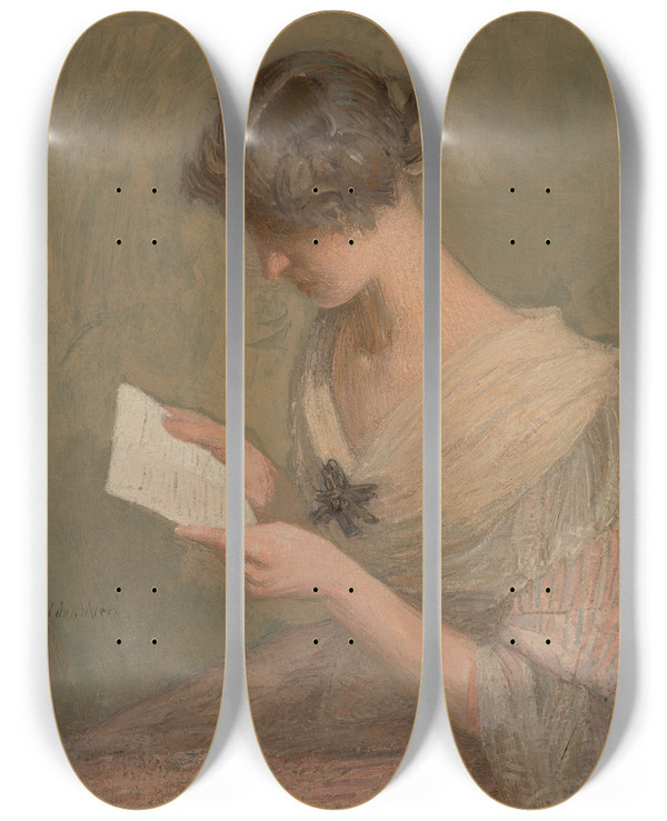 Triptych art skateboard deck of Julian Alden Weir The Letter by Julian Alden Weir (1852-1919)