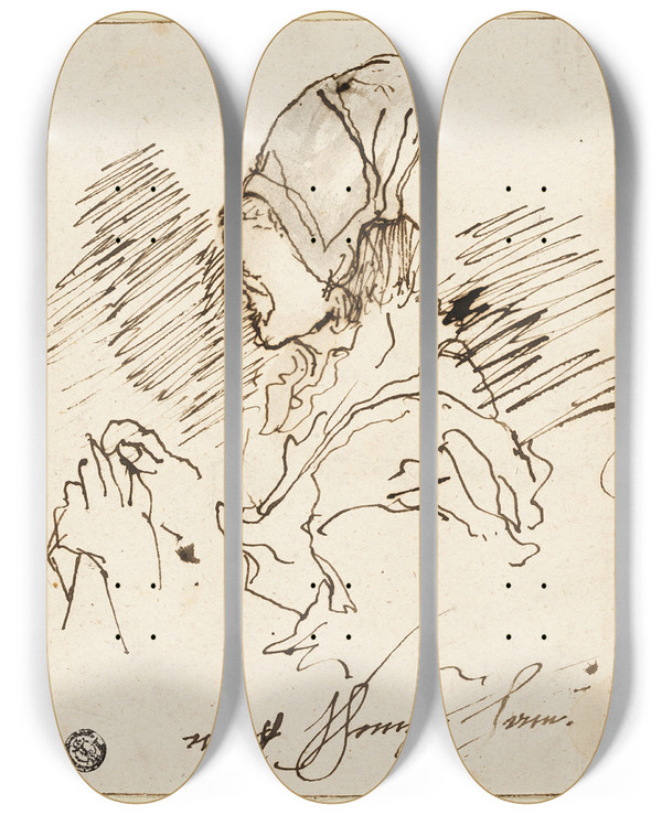 Triptych art skateboard deck of Claude Hoin Seamstress by Claude Hoin (1750-1817)