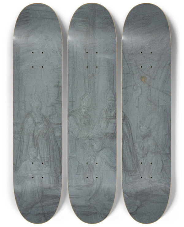 Triptych art skateboard deck of Eustache Le Sueur Ordination Of A Bishop by Eustache Le Sueur (1616-1655)