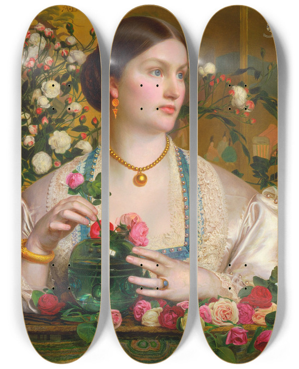 Triptych art skateboard deck of Frederick Sandys Grace Rose by Frederick Sandys (1829-1904)