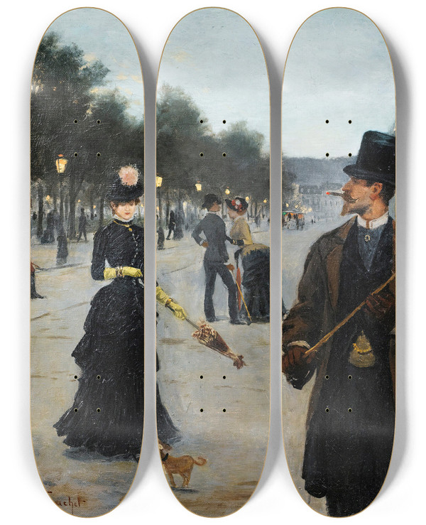 Triptych art skateboard deck of Louis Abeltruchet Elegants Wandering In Paris by Louis Abel-Truchet (1857-1918)