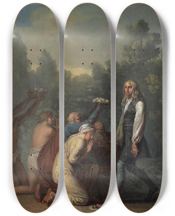 Triptych art skateboard deck of Nicolai Abildgaard Niels Klim Receives The Homage Of The Quamites by Nicolai Abildgaard (1743-1809)
