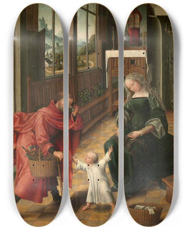 Triptych art skateboard deck of Master Of The Legend Of Saint Magdalene The Holy Family by Master of the Legend of Saint Magdalene