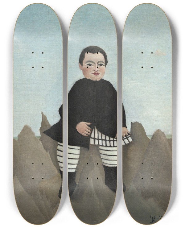 Triptych art skateboard deck of Henri Rousseau Boy On The Rocks by Henri Rousseau (1844-1910)