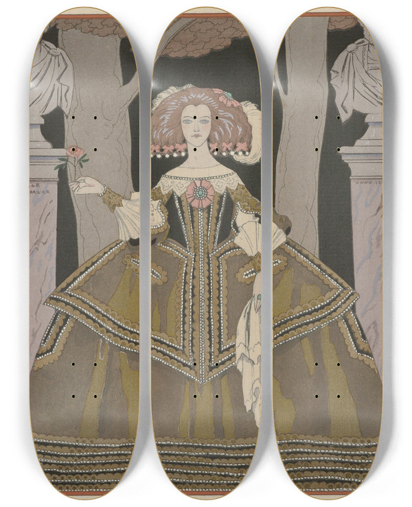 Triptych art skateboard deck of George Barbier La Rose De Linfante Costume De Worth by George Barbier (1882-1932)
