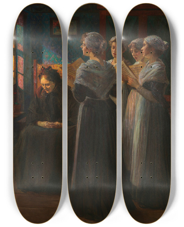 Triptych art skateboard deck of Walter Firle Das Stndchen by Walter Firle (1859-1929)