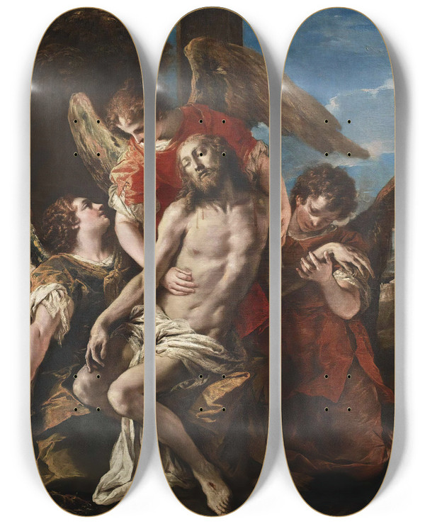 Triptych art skateboard deck of Sebastiano Ricci Christ Mourned By Three Angels by Sebastiano Ricci (1659-1734)