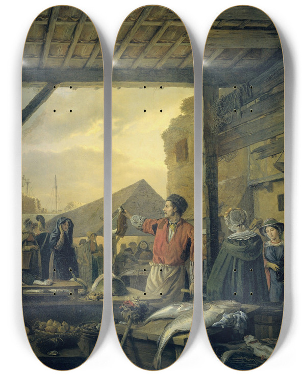 Triptych art skateboard deck of Ignatius Josephus Van Regemorter The Fish Market In Antwerp Ignatius Josephus Van Regemorter by Ignatius Josephus Van Regemorter (1785-1873)