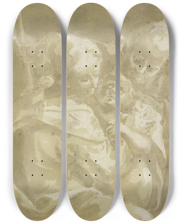 Triptych art skateboard deck of Bartolomeo Schedoni Holy Family_1 by Bartolomeo Schedoni (1578-1615)