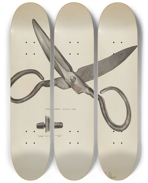 Triptych art skateboard deck of Roberta Elvis Scissors by Roberta Elvis