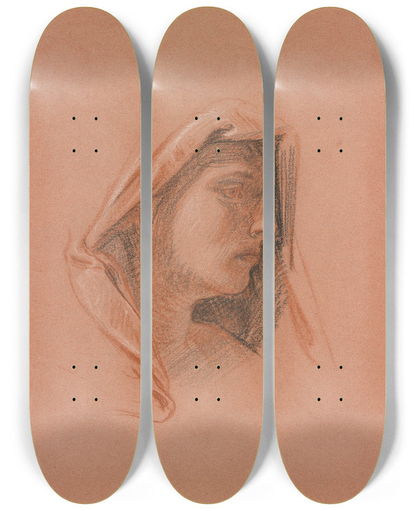 Triptych art skateboard deck of Elihu Vedder Womans Head by Elihu Vedder (1836-1923)