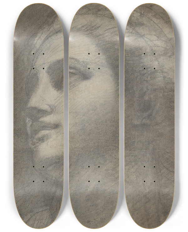 Triptych art skateboard deck of Annibale Carracci Head Of A Woman Looking To Upper Left by Annibale Carracci (1560-1609)