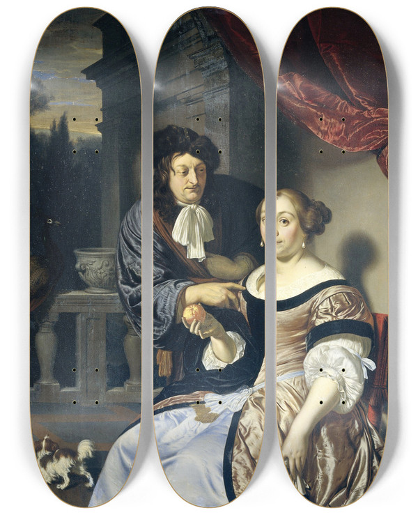 Triptych art skateboard deck of Frans Van Mieris The Elder A Man And A Woman by Frans Van Mieris The Elder (1635-1681)