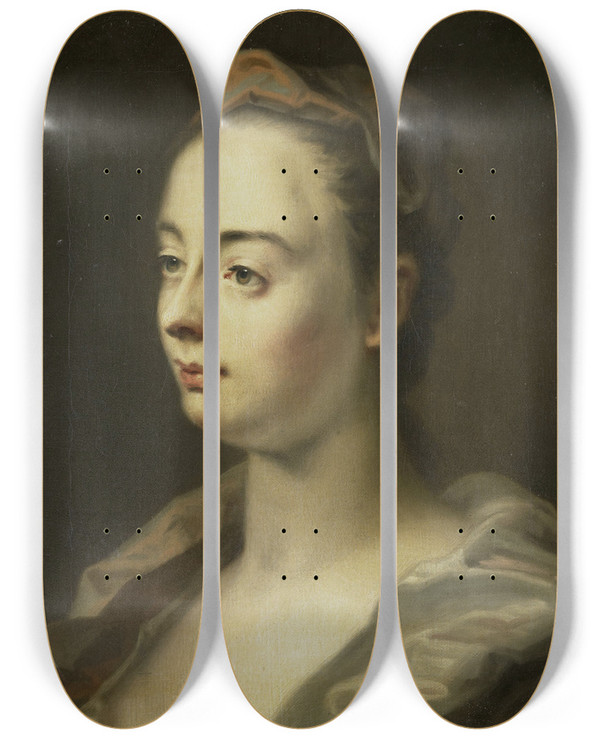 Triptych art skateboard deck of Balthasar Denner Portrait Of A Woman by Balthasar Denner (1685-1749)