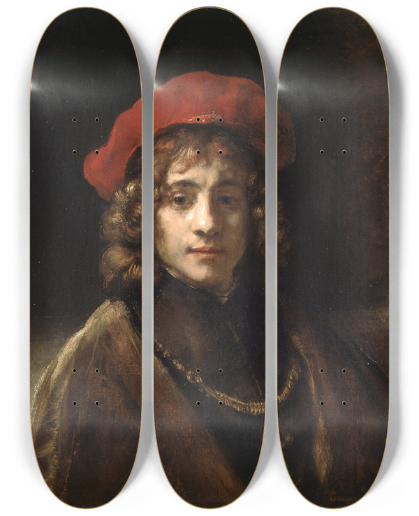 Triptych art skateboard deck of Rembrandt Van Rijn Titus The Artists Son_1 by Rembrandt Van Rijn (1606-1669)