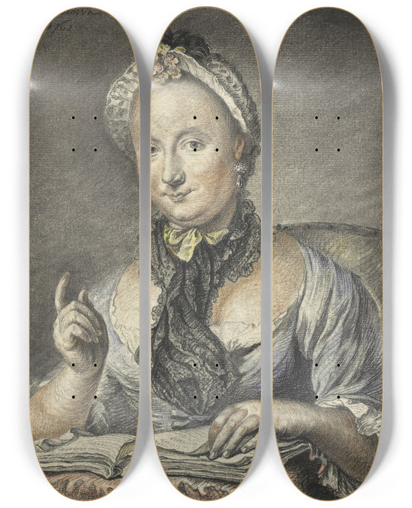 Triptych art skateboard deck of Georg Friedrich Schmidt The Artists Wife With A Book by Georg Friedrich Schmidt (1712-1775)