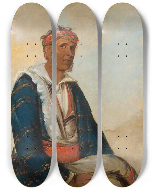 Triptych art skateboard deck of George Catlin Cllee A Band Chief by George Catlin (1796-1872)
