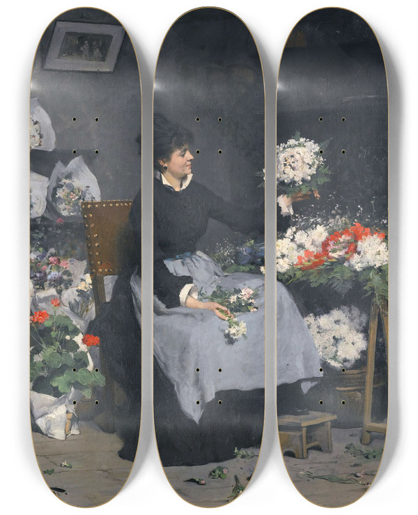 Triptych art skateboard deck of Victor Gabriel Gilbert Lamarchande De Fleurs by Victor Gabriel Gilbert (1847-1933)