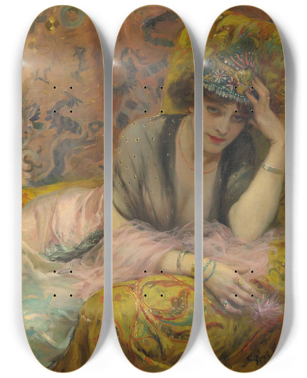 Triptych art skateboard deck of Georges Antoine Rochegrosse La Danseuse by Georges Antoine Rochegrosse (1859-1938)