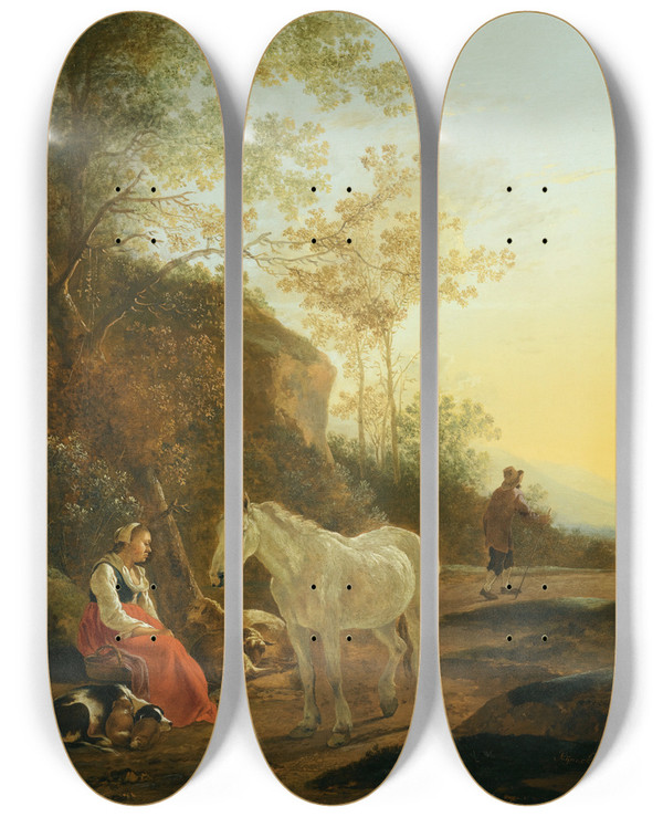 Triptych art skateboard deck of Adam Pynacker Landscape With A Shepherdess And A White Horse by Adam Pynacker (1615-1673)