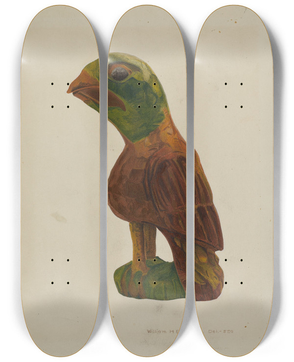 Triptych art skateboard deck of William H Edwards Pa German Carved Bird by William H Edwards