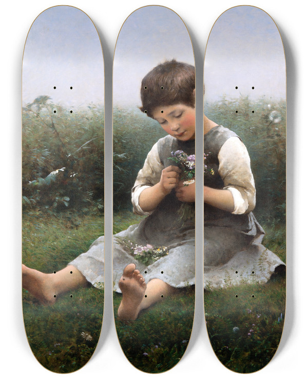Triptych art skateboard deck of Hugo Salmson Girl Picking Flowers by Hugo Salmson (1843-1894)