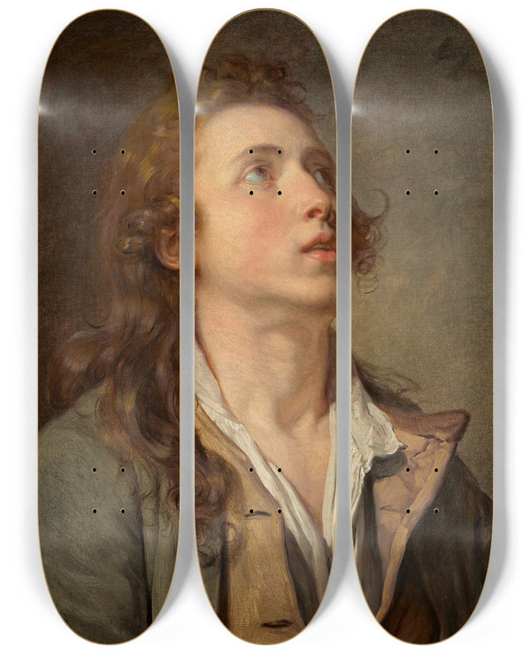 Triptych art skateboard deck of Jeanbaptiste Greuze Study Of A Young Man by Jean-Baptiste Greuze (1725-1805)