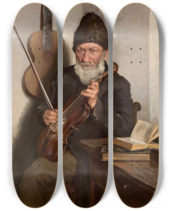 Triptych art skateboard deck of Wadysaw Ciesielski Old Man With A Fiddle by Wladyslaw Ciesielski (1845-1901)