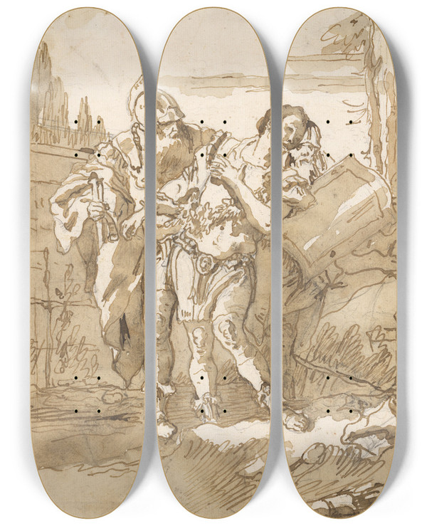 Triptych art skateboard deck of Giovanni Domenico Tiepolo Rinaldo Persuaded By Ubaldo And Guelfo To Abandon Armida by Giovanni Domenico Tiepolo (1727-1804)