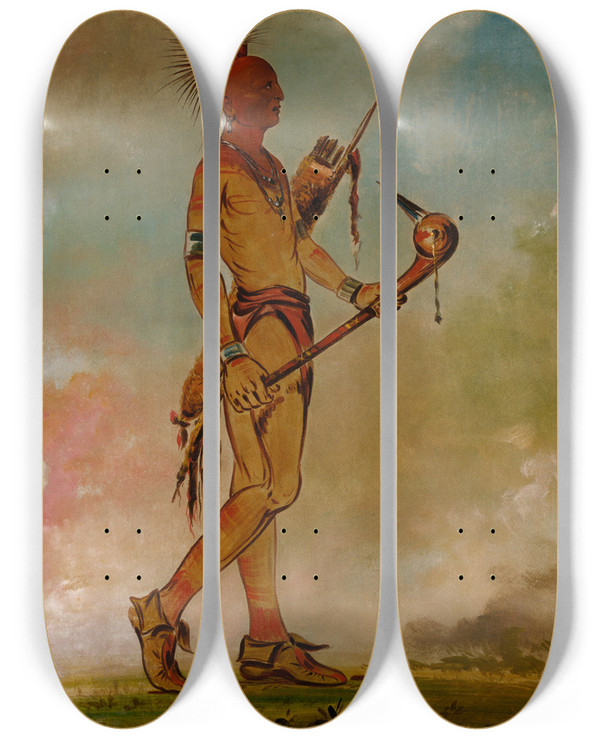 Triptych art skateboard deck of George Catlin Shingawssa Handsome Bird by George Catlin (1796-1872)