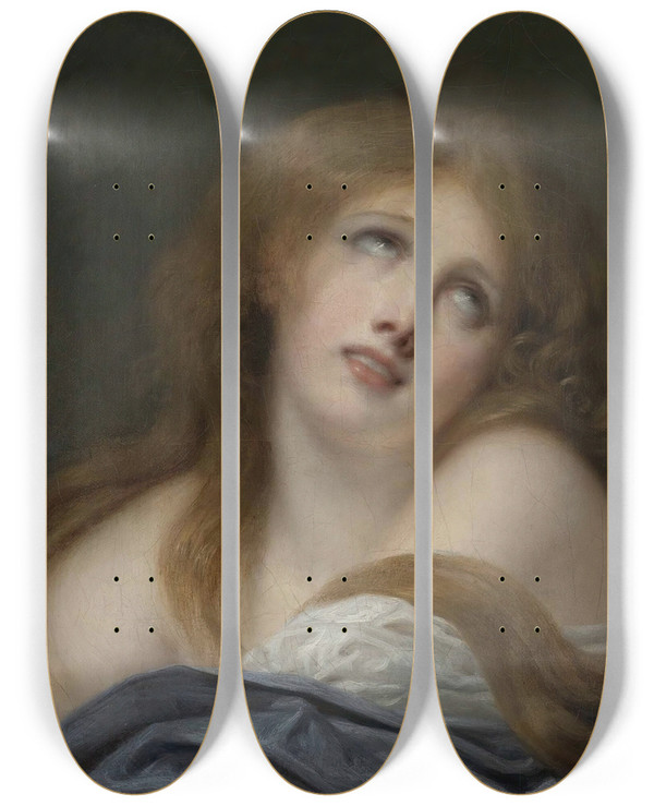 Triptych art skateboard deck of Jeanbaptiste Greuze The Bust Of A Young Girl Called Virginie by Jean-Baptiste Greuze (1725-1805)