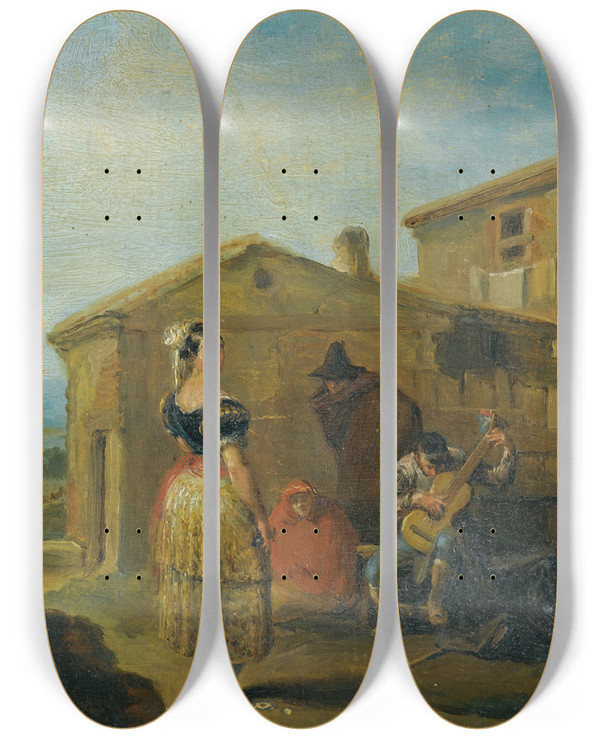 Triptych art skateboard deck of Leonardo Alenza Y Nieto A Woman Standing Before A Musical Group by Leonardo Alenza Y Nieto (1807-1845)