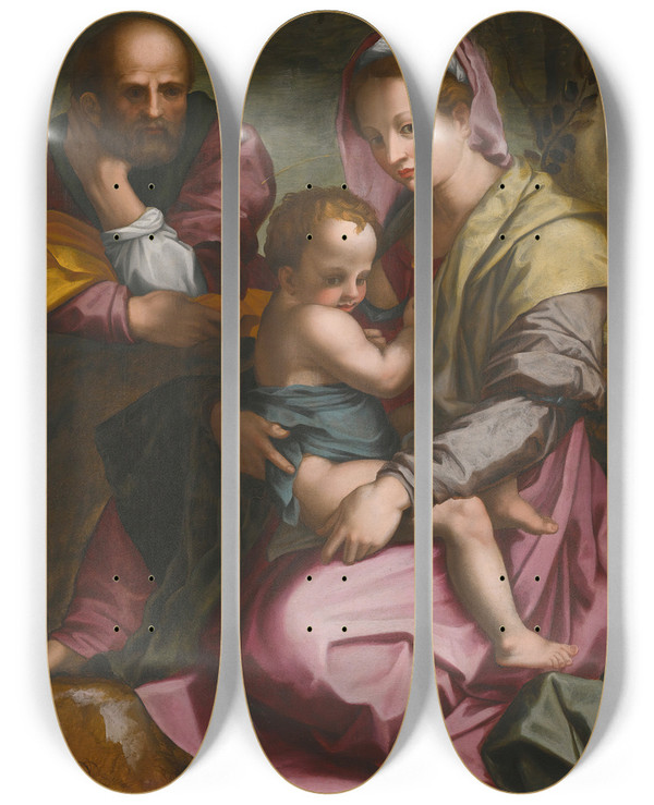 Triptych art skateboard deck of Follower Of Andrea Del Sarto The Holy Family by Follower of Andrea del Sarto (1486-1530)