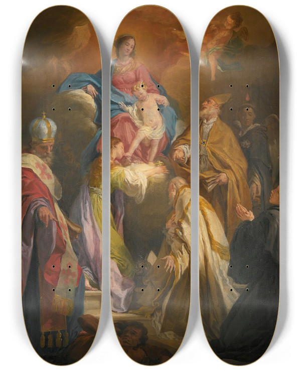 Triptych art skateboard deck of Domenico Corvi The Madonna And Child Attended By Saints And Bishops by Domenico Corvi (1721-1803)