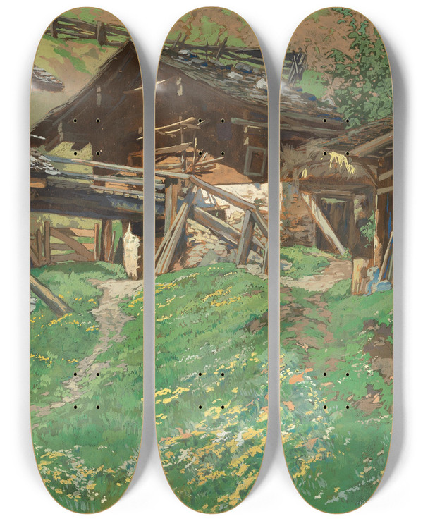 Triptych art skateboard deck of Hugo Hodiener An Alpine Lodge by Hugo Hodiener (1886-1945)
