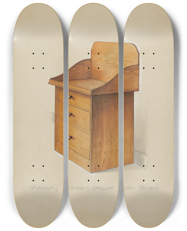 Triptych art skateboard deck of Irving I Smith Shaker Wash Stand With Drawers by Irving I Smith