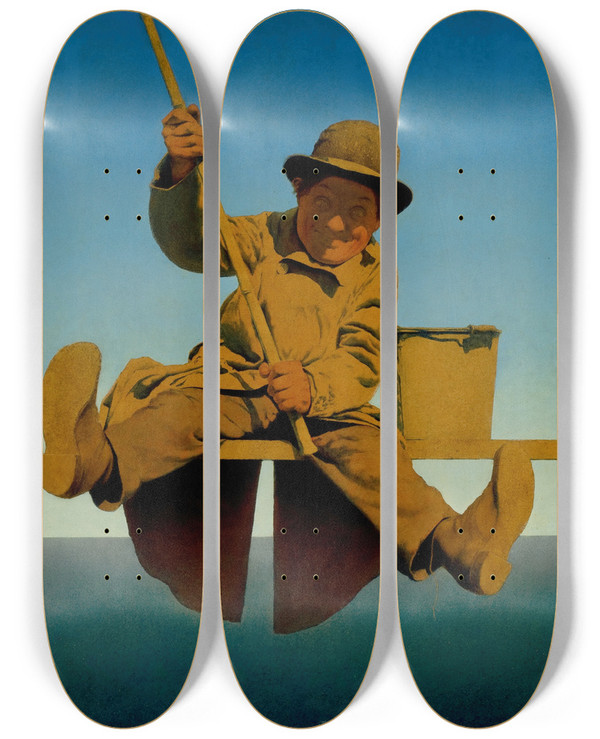Triptych art skateboard deck of Maxfield Parrish Fisherman On Pier by Maxfield Parrish (1870-1966)