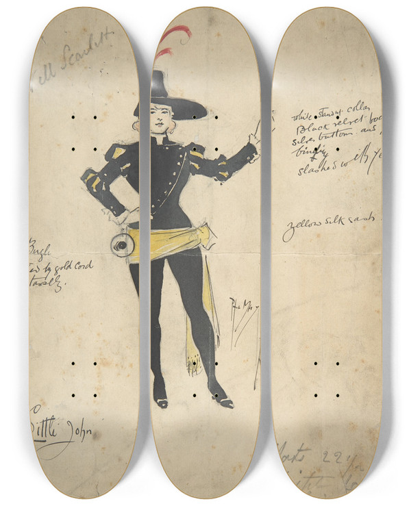 Triptych art skateboard deck of Phil May Costume Drawing For Little John by Phil May (1864-1903)
