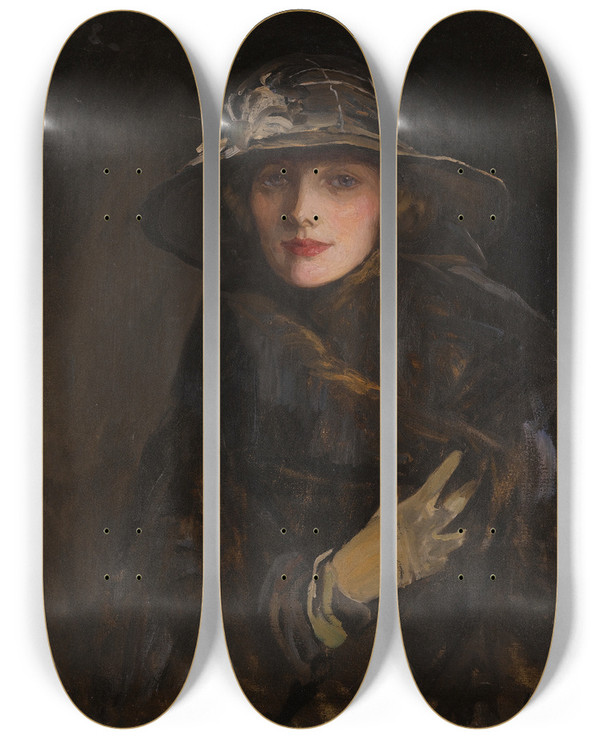 Triptych art skateboard deck of Sir John Lavery A Lady In Brown by Sir John Lavery (1856-1941)