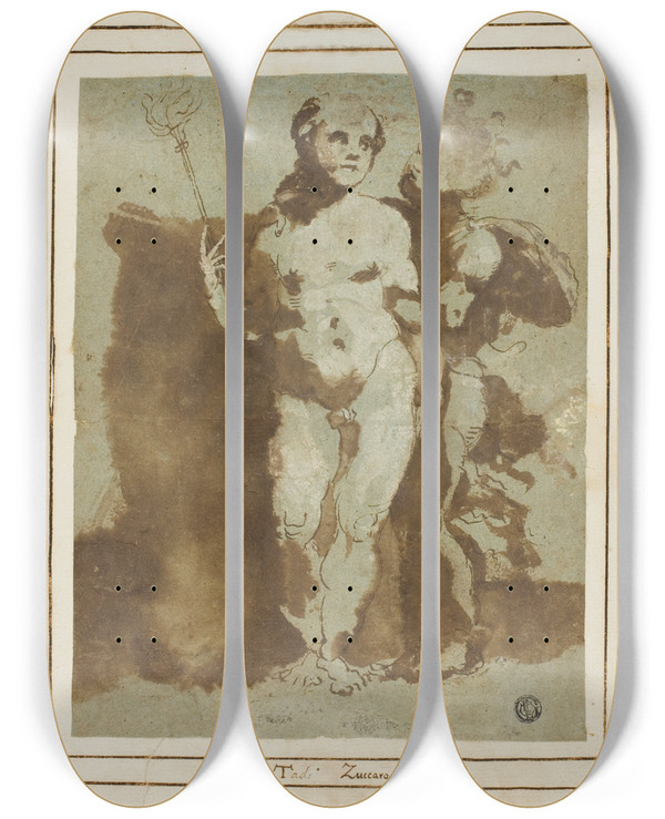 Triptych art skateboard deck of Circle Of Domenico Beccafumi Pagan Child Couple by Circle Of Domenico Beccafumi (1484-1551)
