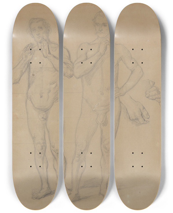 Triptych art skateboard deck of Jzef Simmler Nude Studies Of The Canon Of Cracow Piotr Wysz And Jagieo And Studies Of Hands Of Jako Of Tczyn For The Painting Queen Jadwigas Oath by Jozef Simmler (1823-1868)