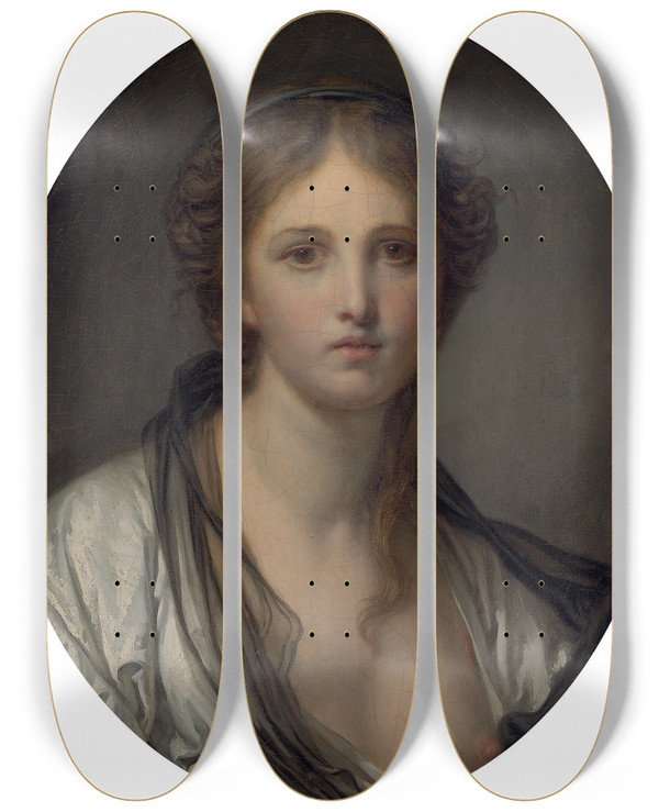 Triptych art skateboard deck of Jeanbaptiste Greuze Portrait Of A Young Woman Bust Length With A Black Scarf by Jean-Baptiste Greuze (1725-1805)