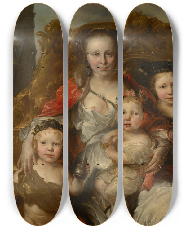 Triptych art skateboard deck of Jan Van Noordt Portrait Of A Mother As Charity And Three Children by Jan Van Noordt (1623-1676)
