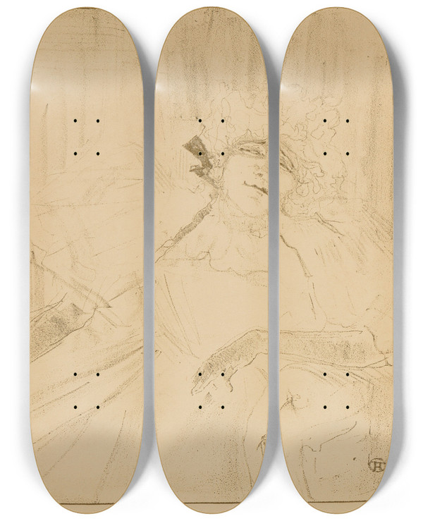 Triptych art skateboard deck of Henri De Toulouselautrec Yvette Guilbert Pl 9 by Henri de Toulouse-Lautrec (1864-1901)