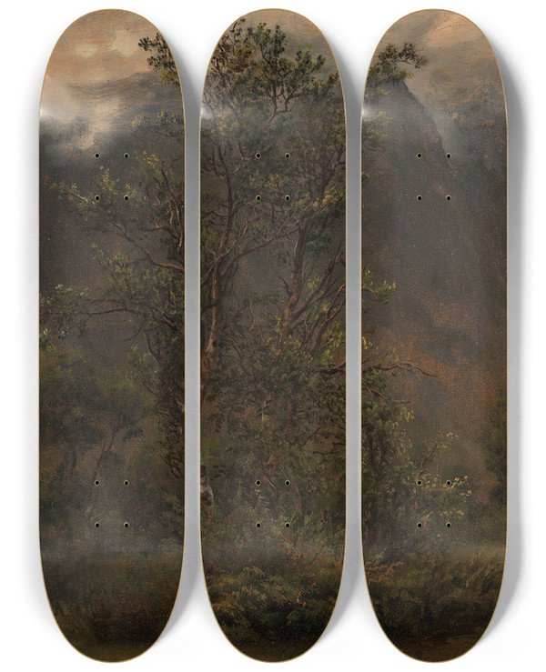 Triptych art skateboard deck of Thomas Fearnley Study Of Birches In Romsdal by Thomas Fearnley (1802-1842)