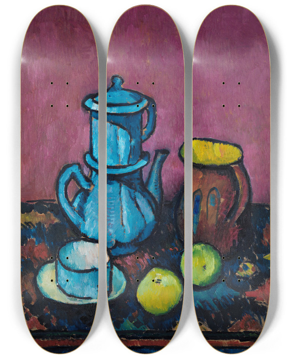 Triptych art skateboard deck of Alexander Kanoldt Stillleben Mit Kaffeegeschirr Und Pfeln by Alexander Kanoldt (1881-1939)