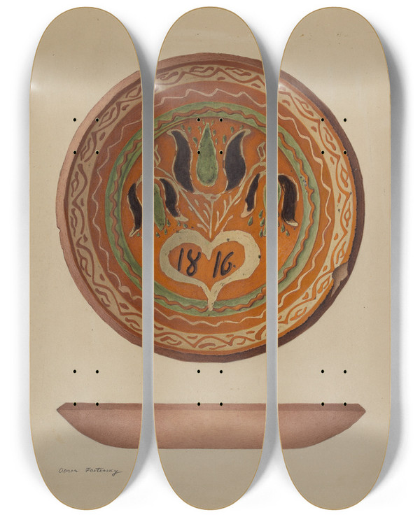Triptych art skateboard deck of Aaron Fastovsky Pa German Scraffito Plate by Aaron Fastovsky